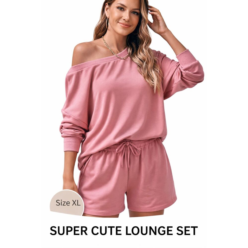 Pink Lounge Set XL Off Shoulder Top & Shorts Cozy Soft Matching Set Athleisure